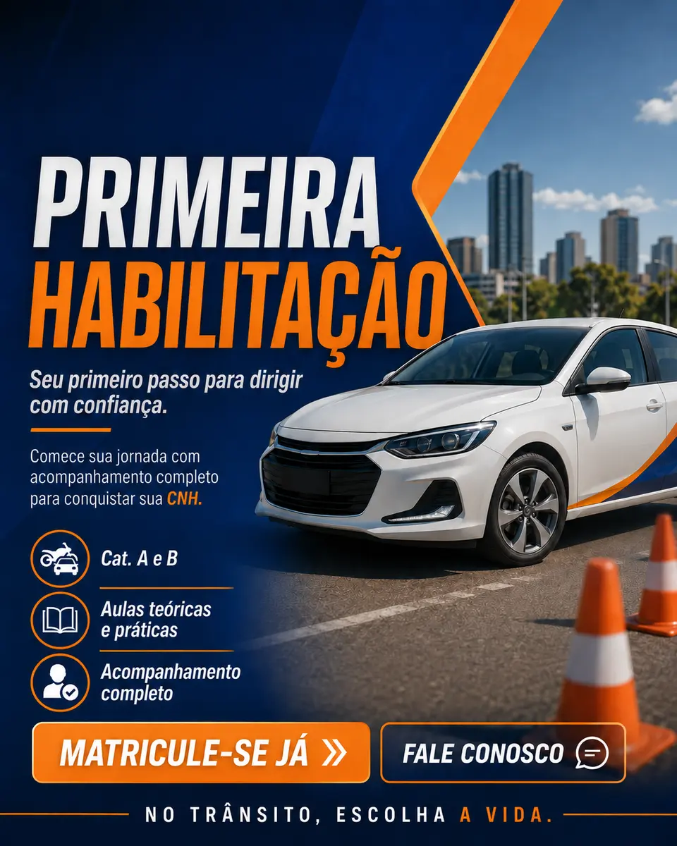 Arte de primeira habilitação em azul e laranja, sem a marca da autoescola